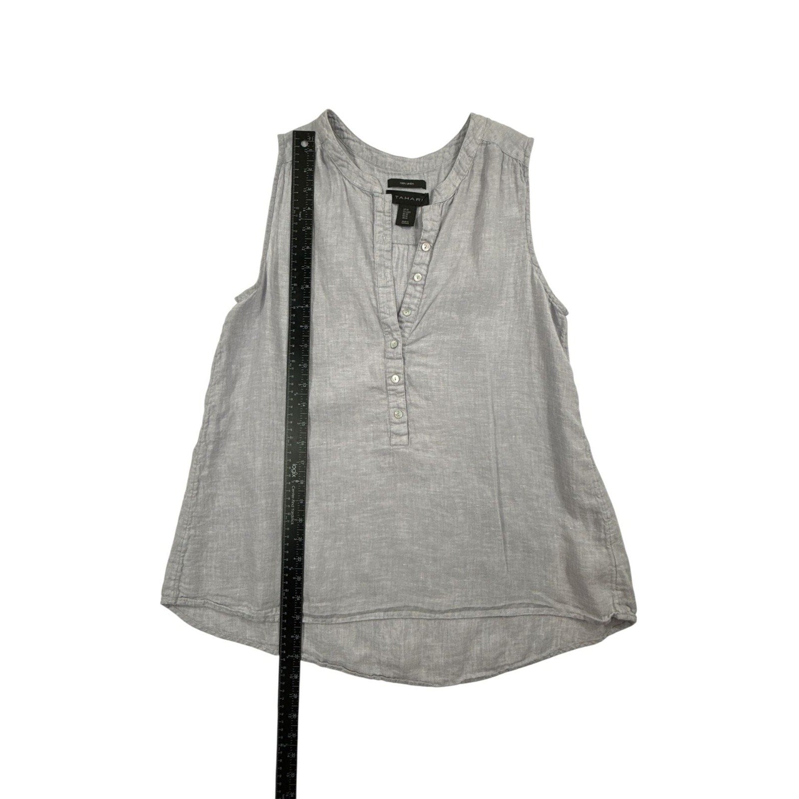 Tahari 100% Linen Sleeveless Henley Tank Top Grey Size Medium