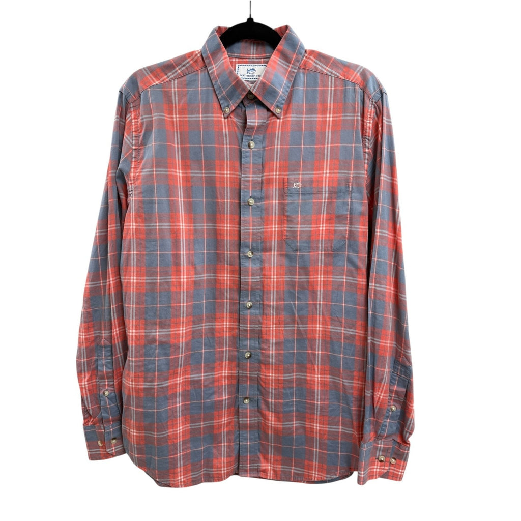 Mens Southern Tide Trim Fit Cotton Shirt Coral Pink Blue Plaid Size M