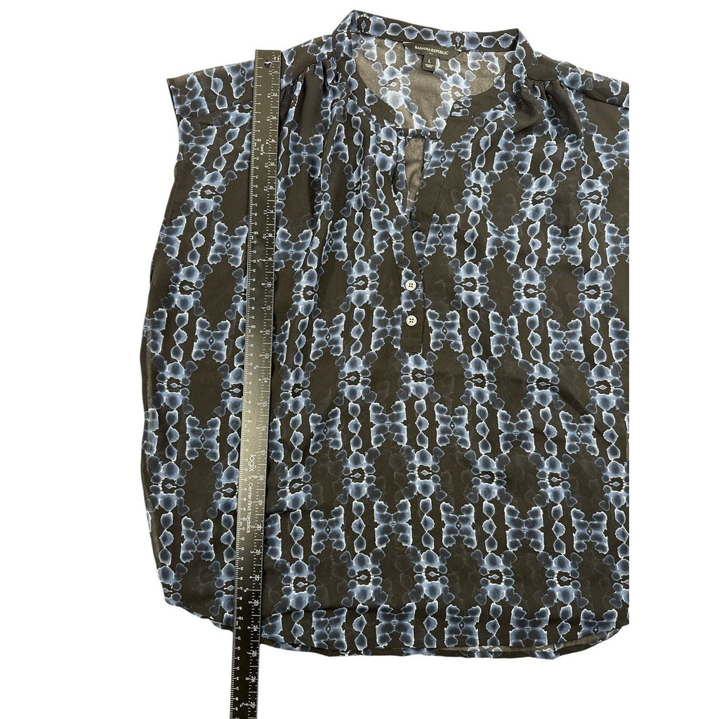 Banana Republic Sheer Black and Blue Geometric Print Cap Sleeve Blouse