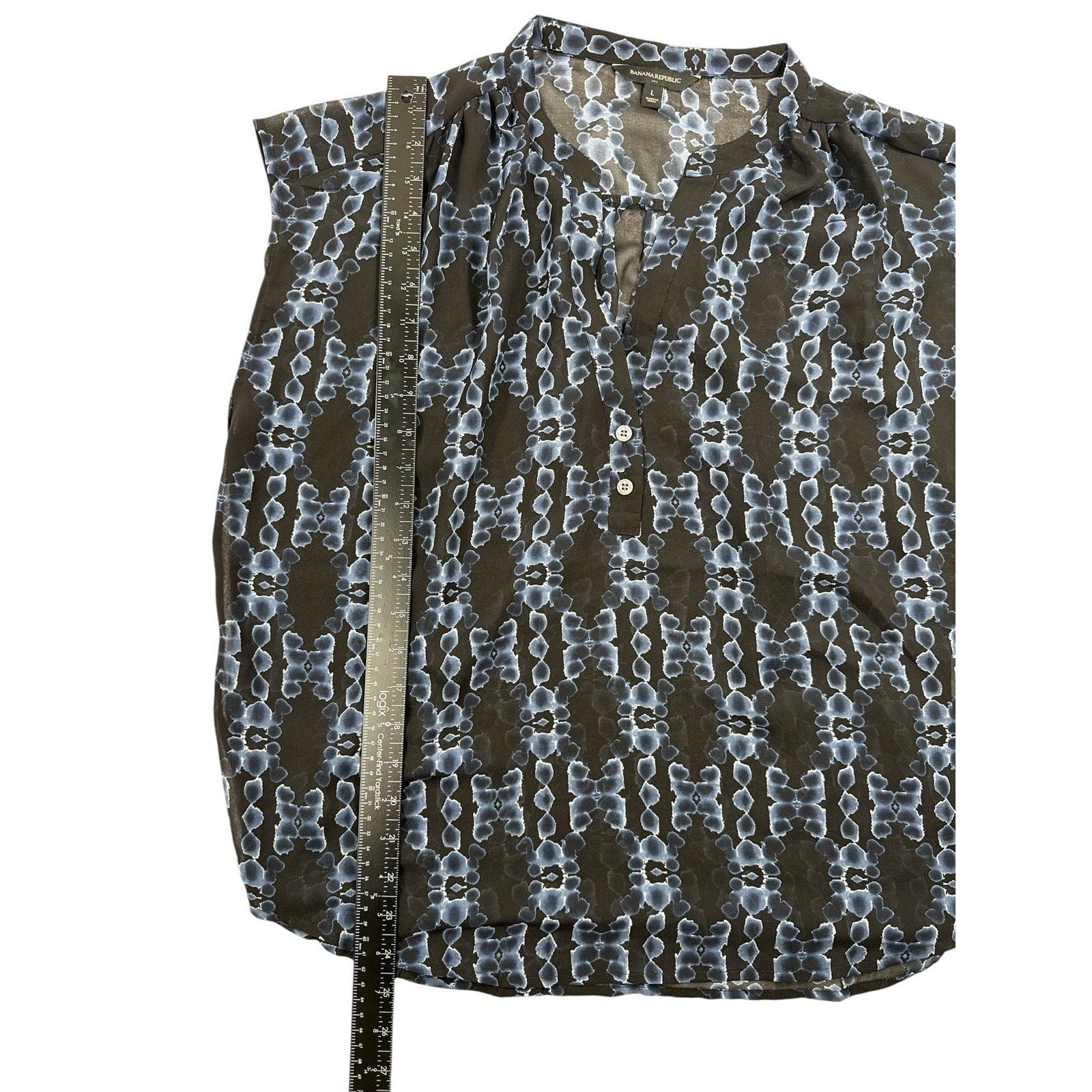 Banana Republic Sheer Black and Blue Geometric Print Cap Sleeve Blouse