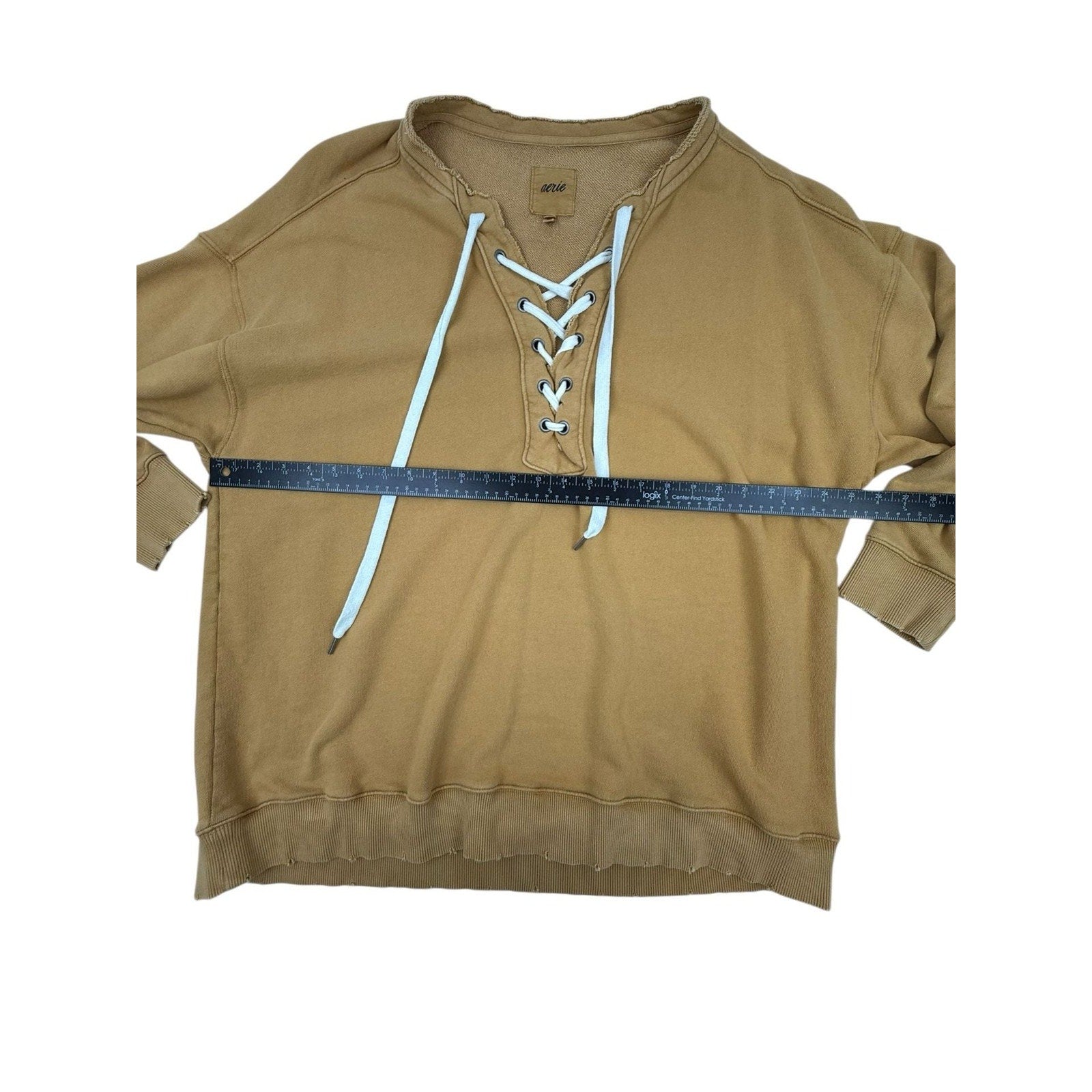Aerie Mustard Yellow Lace-Up V-Neck Oversized Distressed Sweatshirt Size XL