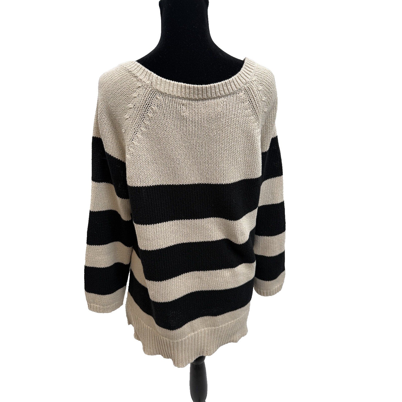 Womens Ann Taylor Striped Black/Ivory Tunic Cable Knit Sweater Size L