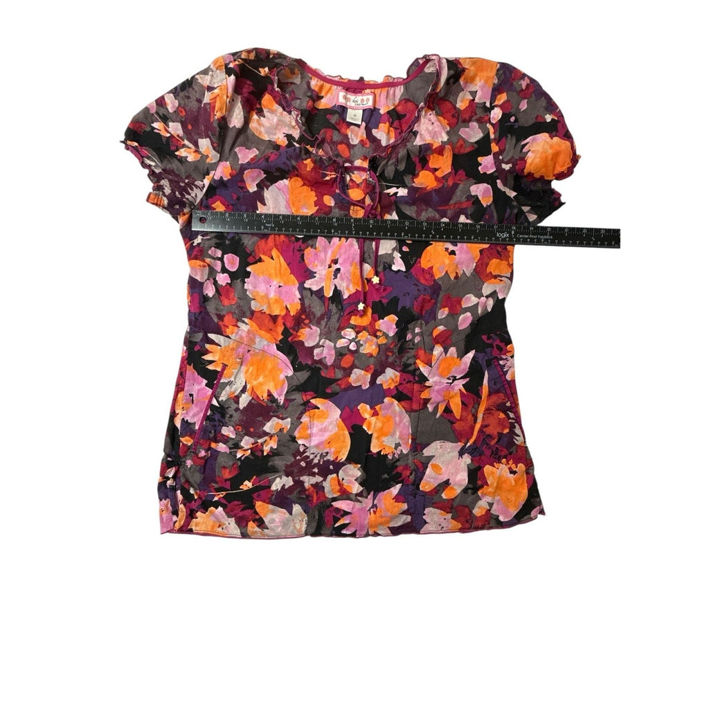 Koi by Kathy Peterson Floral Ruffle V-Neck Scrub Blouse Top Size Medium