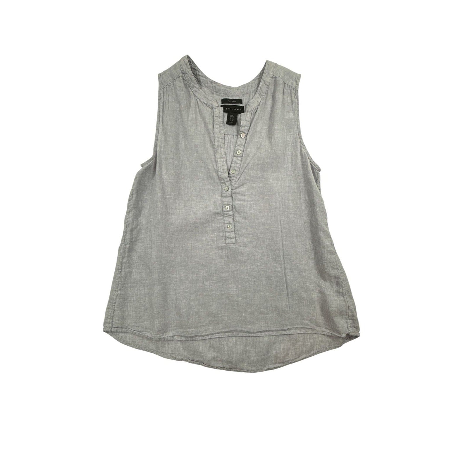 Tahari 100% Linen Sleeveless Henley Tank Top Grey Size Medium