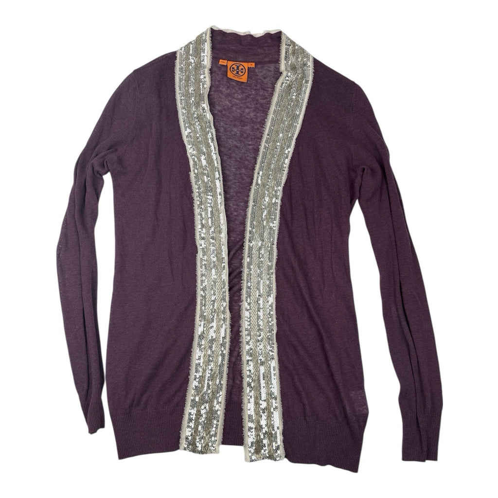 Tory Burch Cardigan Open Front Women's Size Medium Linen Sequin Trimmed Purple