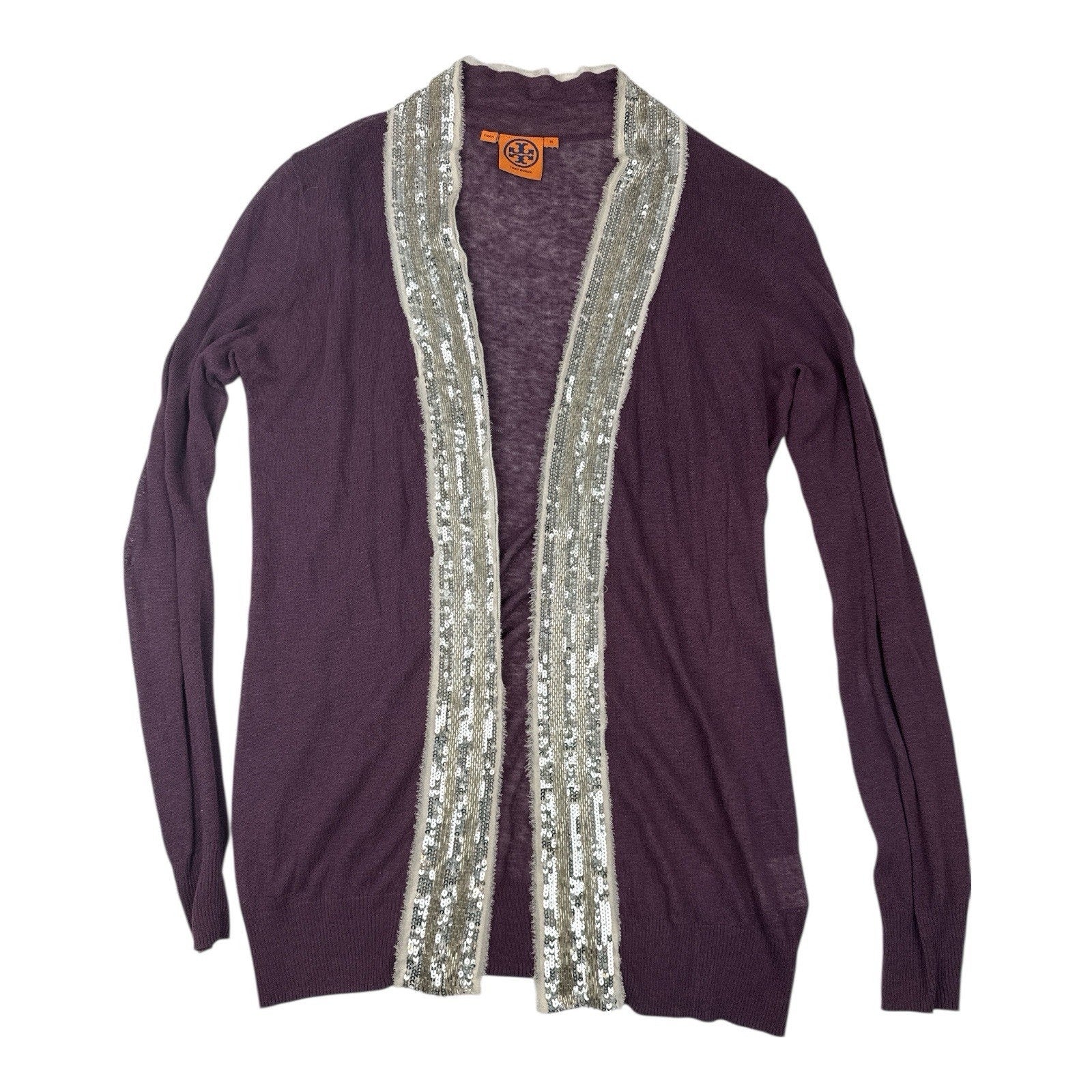 Tory Burch Cardigan Open Front Women's Size Medium Linen Sequin Trimmed Purple
