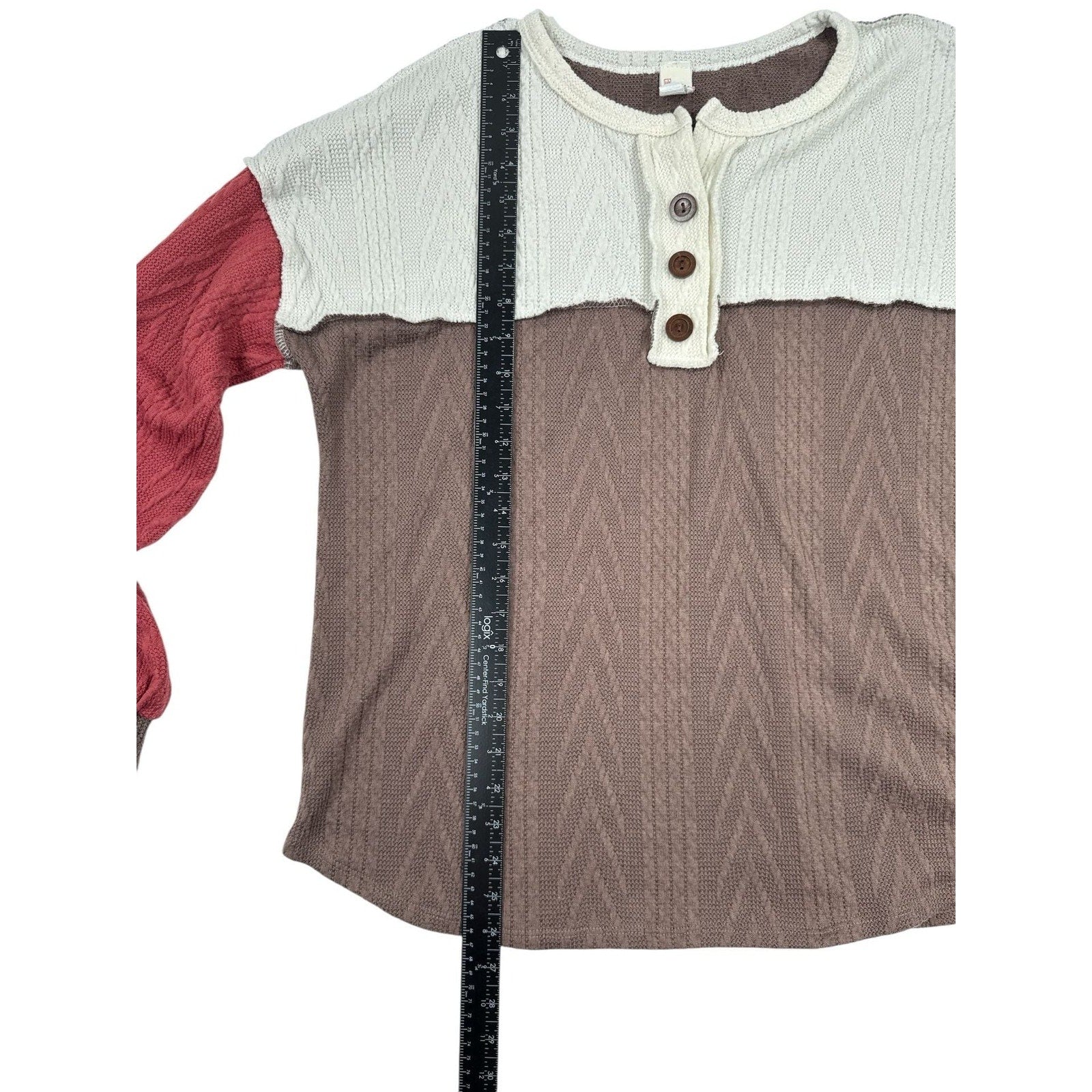 7th Ray Bohemian Colorblock Henley Cable Knit Multi-Texture Long Sleeve Top