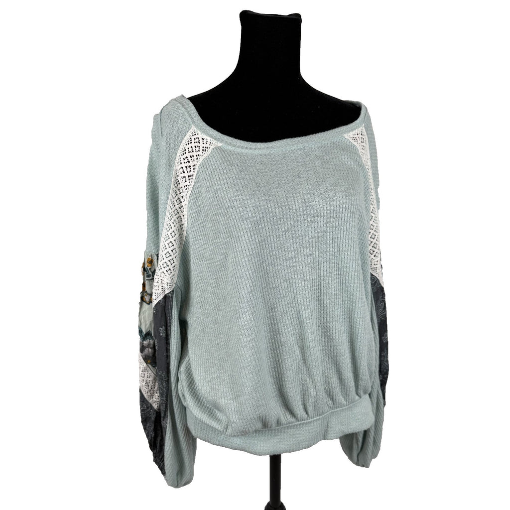 Free People Casual Clash Balloon Sleeve Mint Green Boho Blouse Size M