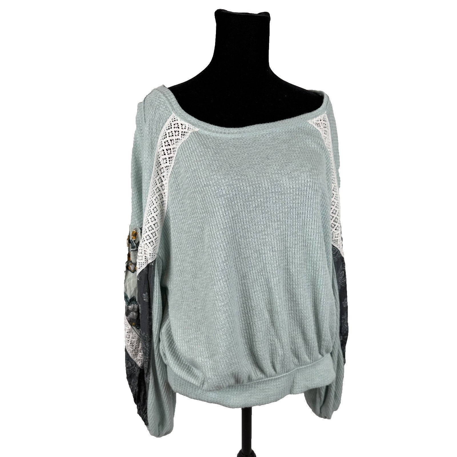 Free People Casual Clash Balloon Sleeve Mint Green Boho Blouse Size M