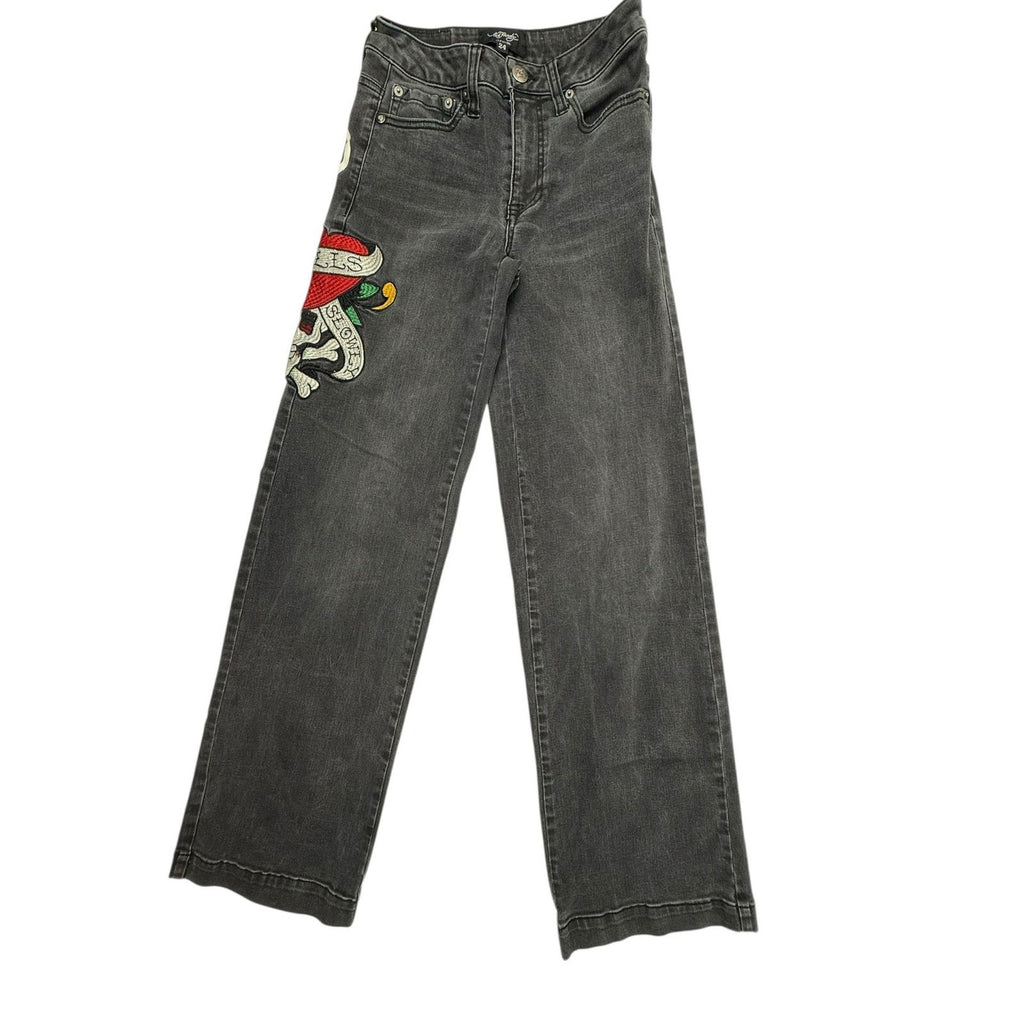 Ed Hardy Women's Size 24 Love Kills Slowly Embroidered Wide Leg Jeans in Faded B