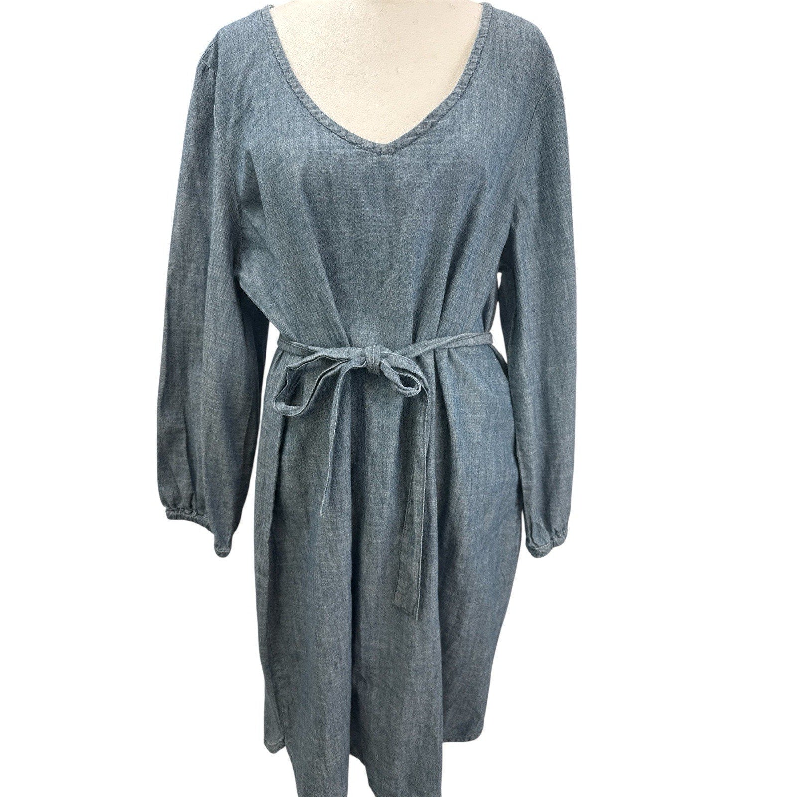 J Crew Dress Womens XL Blue Chambray Long Sleeve Belted