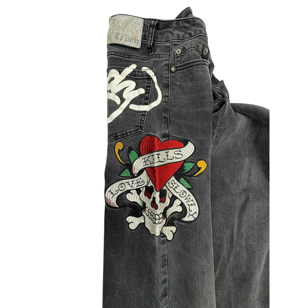 Ed Hardy Women's Size 24 Love Kills Slowly Embroidered Wide Leg Jeans in Faded B