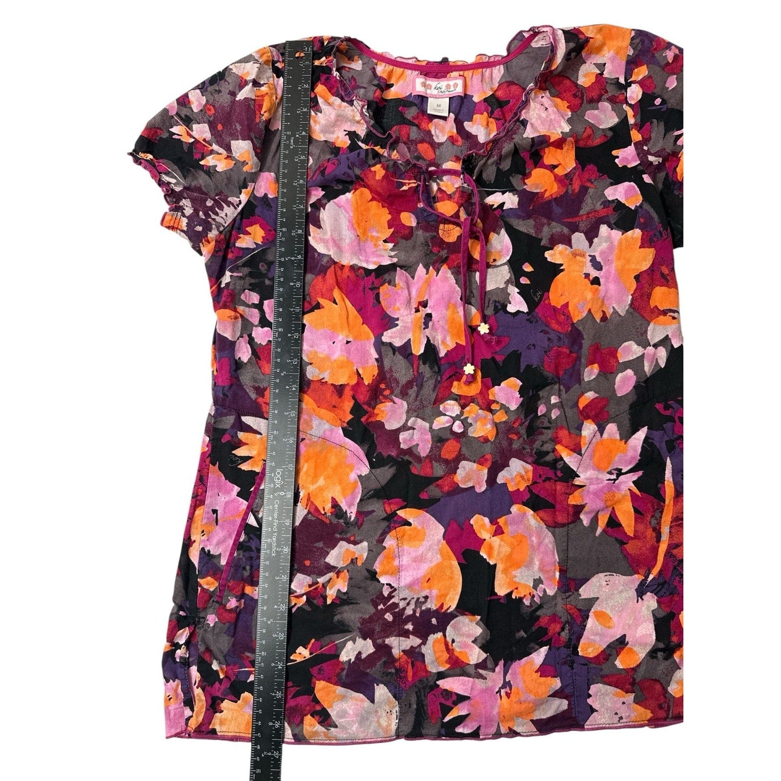 Koi by Kathy Peterson Floral Ruffle V-Neck Scrub Blouse Top Size Medium