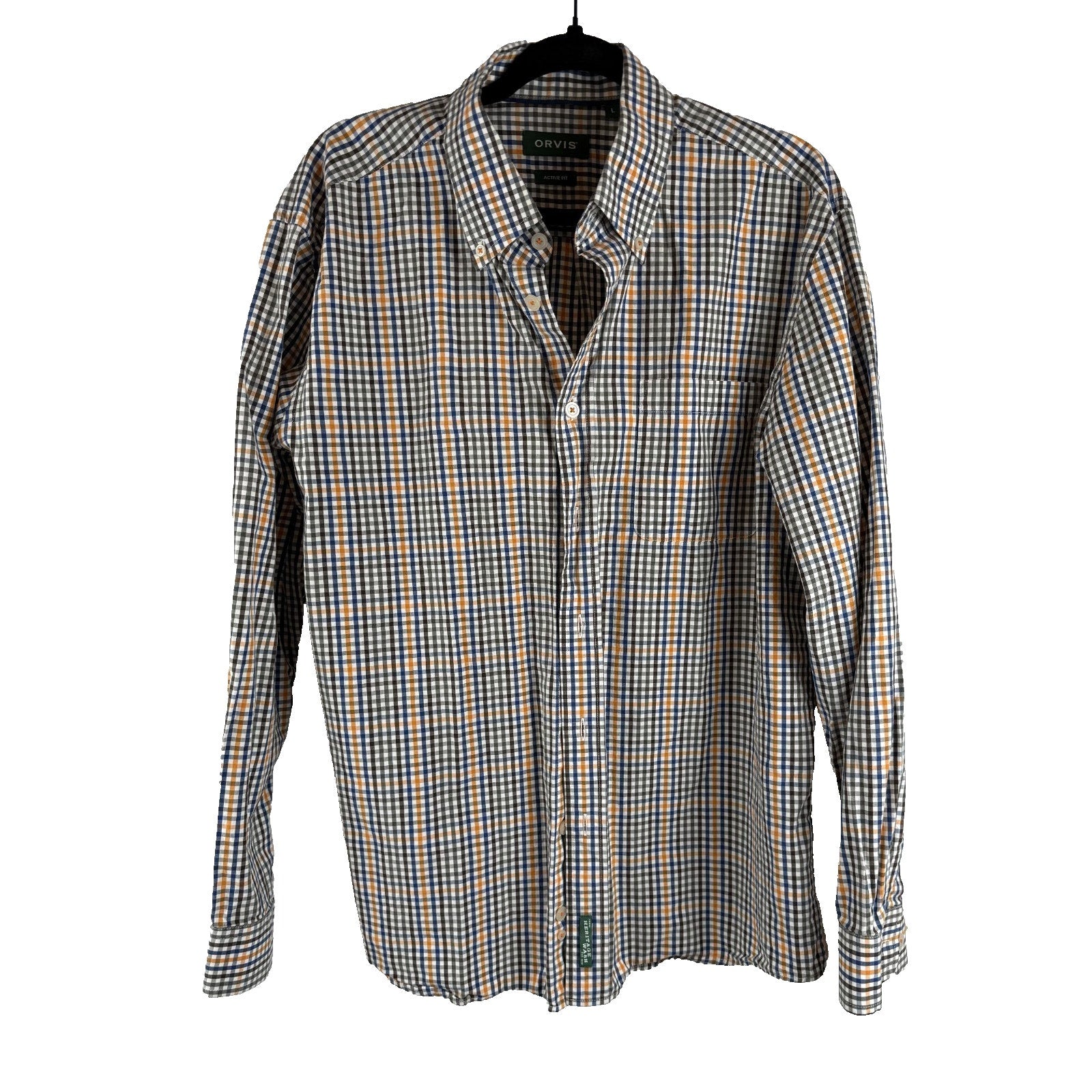 Mens Orvis Blue/Orange/White Plaid Button Shirt Size L