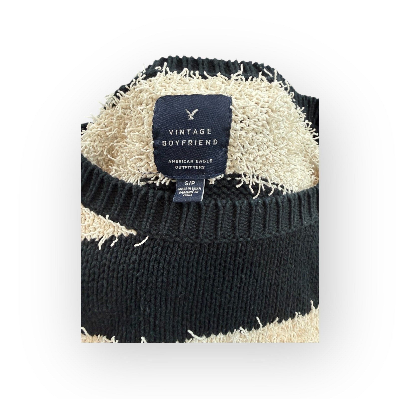 American Eagle Vintage Boyfriend Striped Black Ivory Long Sleeve Sweater Size S