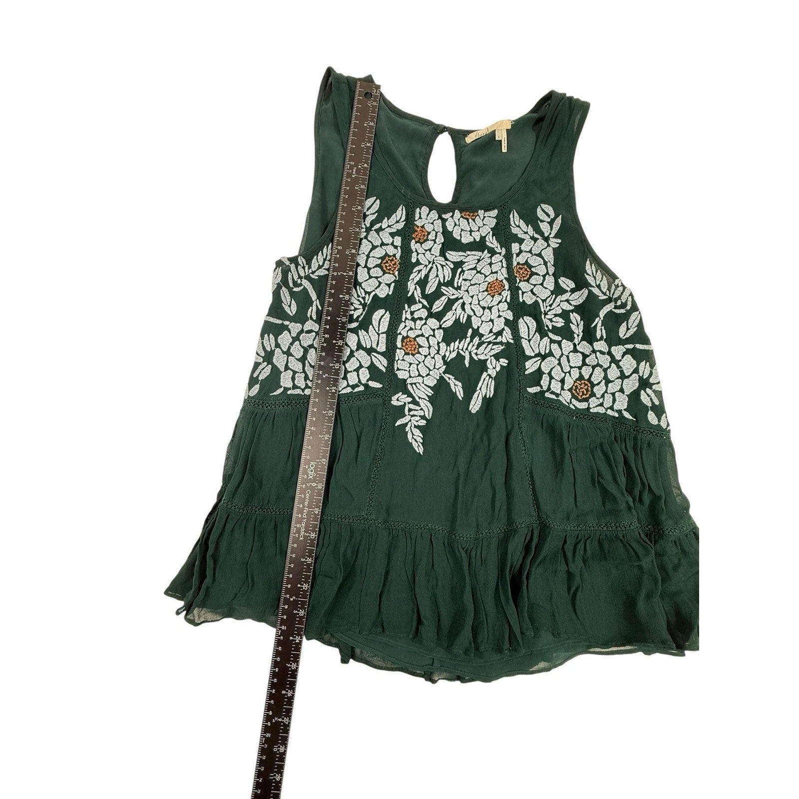 Floreat Anthropologie Roselle Dark Green Embroidered Babydoll Tank Top size S