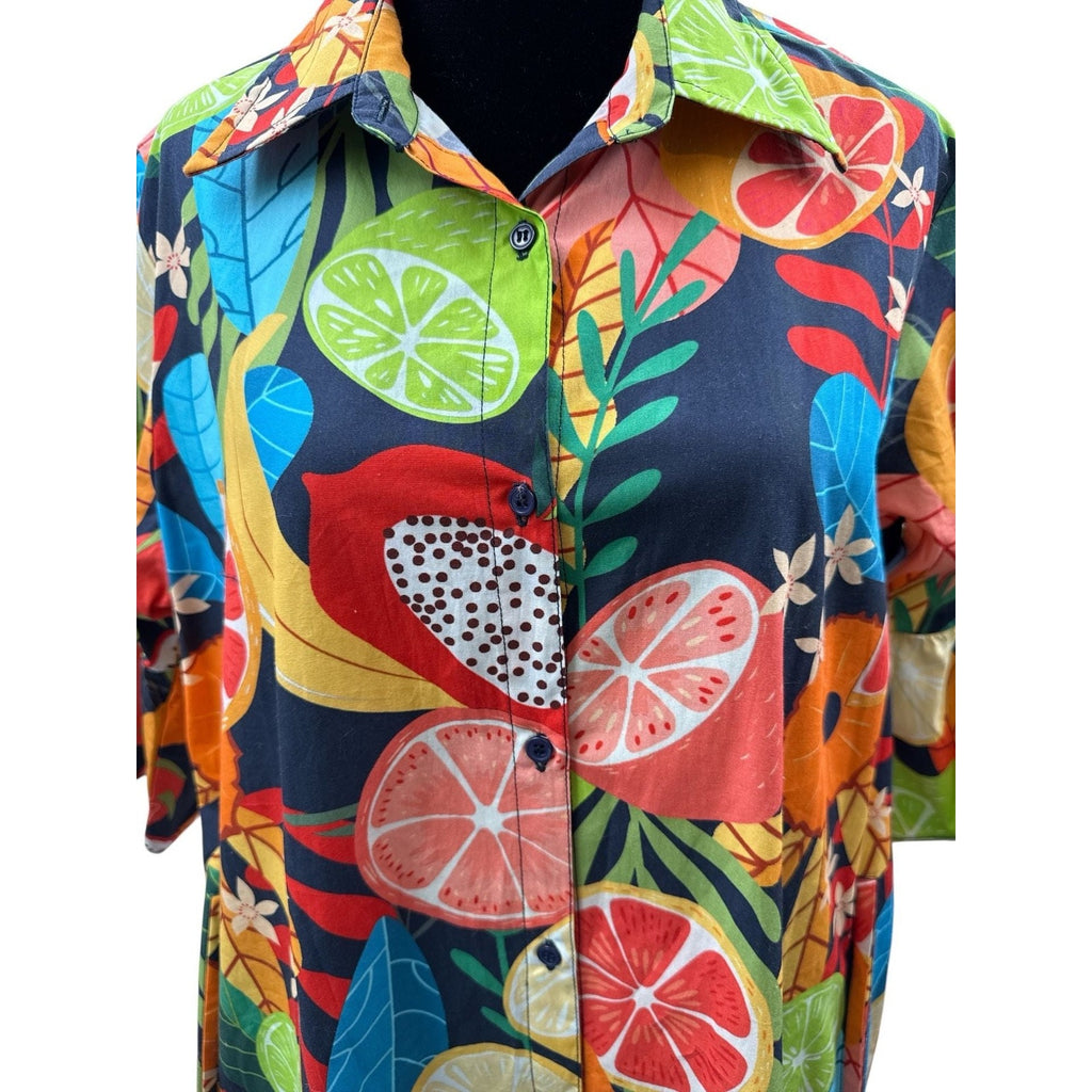 Maude Vivante 100% Cotton Tropical Fruit Print Tiered Shirt Dress