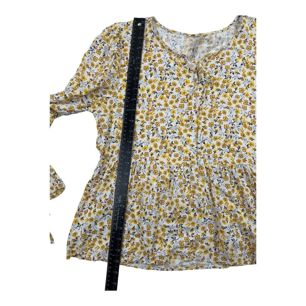 Lee Cooper London Yellow Floral Peplum Blouse with Tie Neck and Cuffed Sleeves X