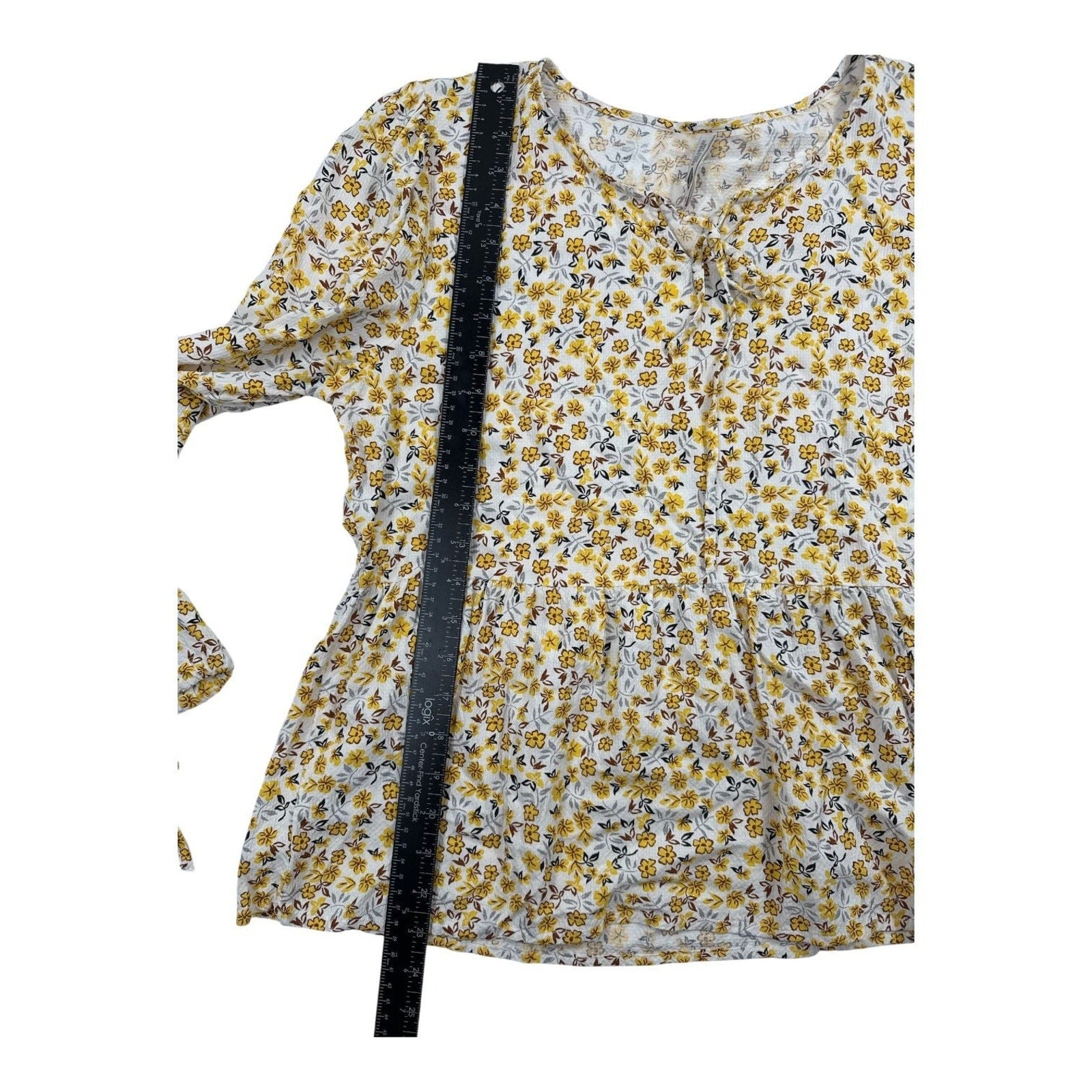 Lee Cooper London Yellow Floral Peplum Blouse with Tie Neck and Cuffed Sleeves X