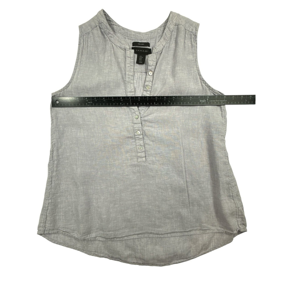 Tahari 100% Linen Sleeveless Henley Tank Top Grey Size Medium