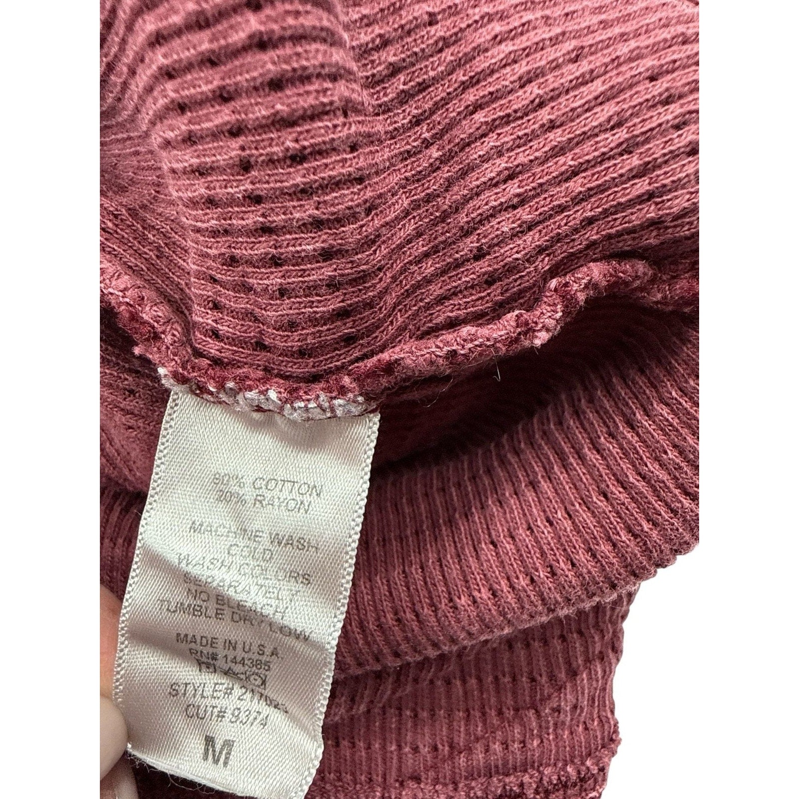 Able Boho Burgundy Waffle Knit Thermal Long Sleeve Dress with Crochet Lace Trim