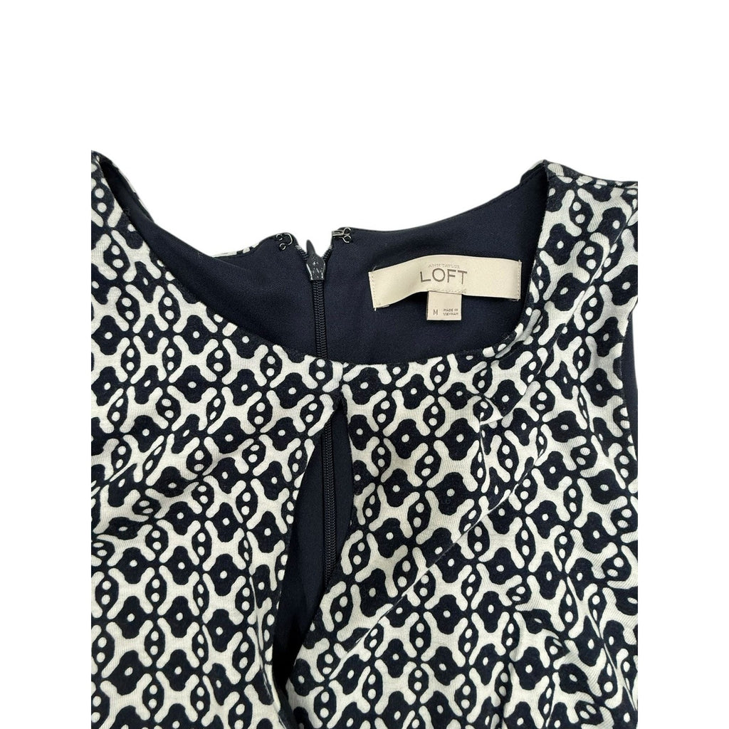 Ann Taylor LOFT Navy and White Geometric Print Sleeveless Keyhole Swing Dress
