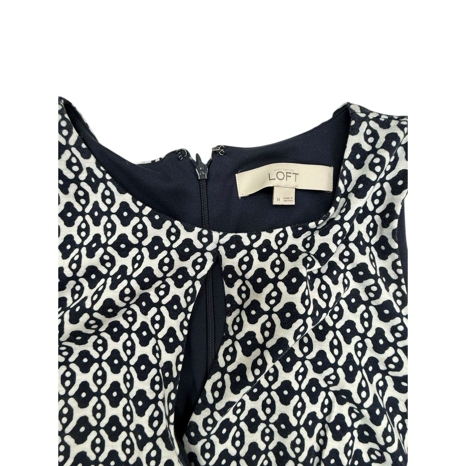 Ann Taylor LOFT Navy and White Geometric Print Sleeveless Keyhole Swing Dress