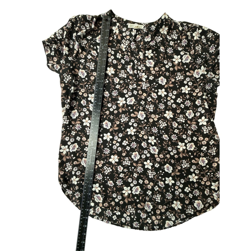 Pleione Women's Large Black Floral Short Sleeve V-Neck Blouse Top L