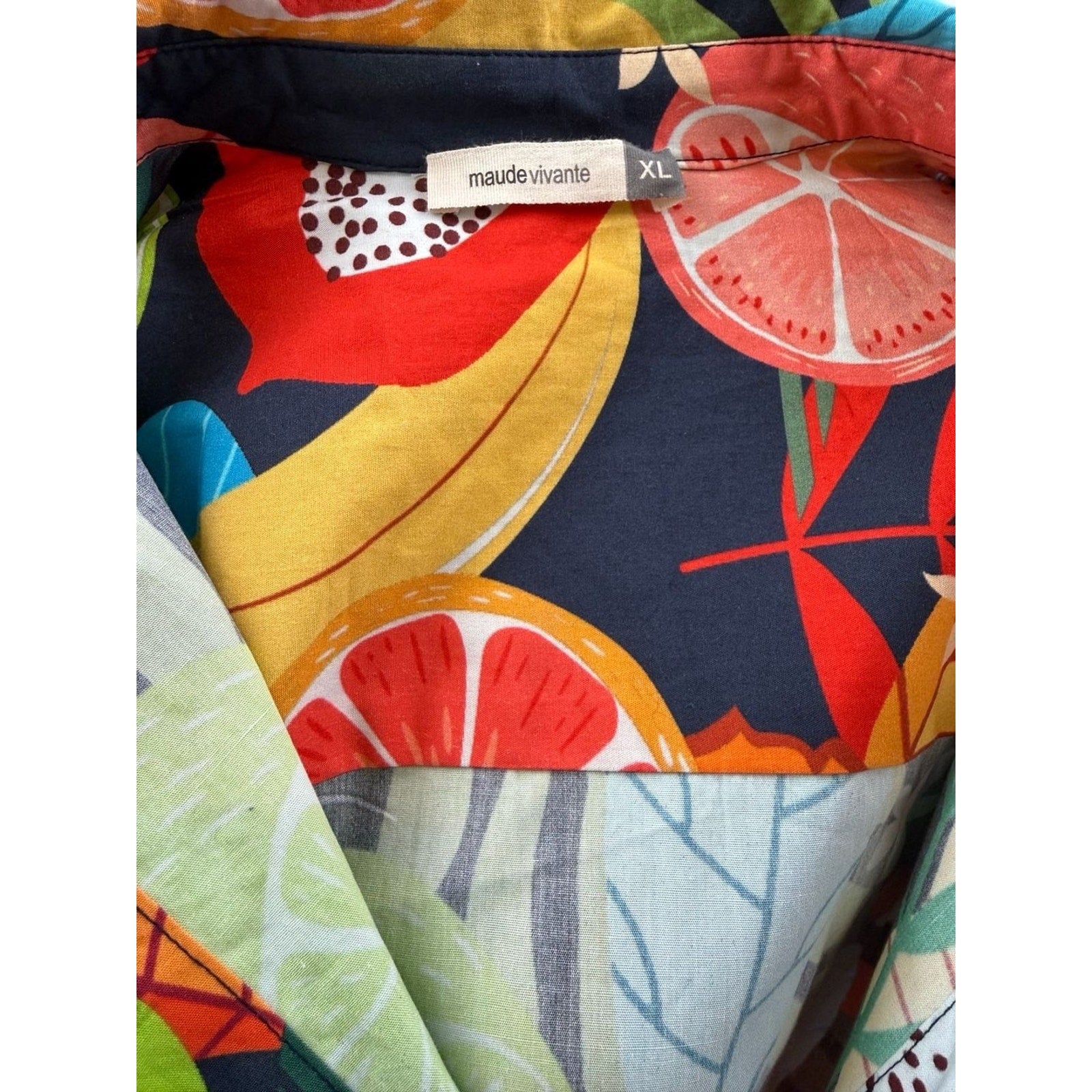 Maude Vivante 100% Cotton Tropical Fruit Print Tiered Shirt Dress