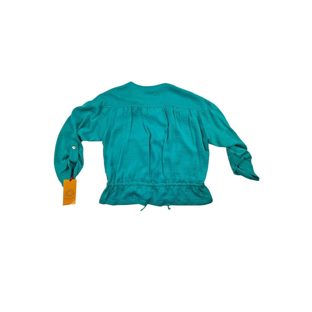 Ruby Rd. Petite Turquoise Full Zip Drawstring Waist Roll Tab Blouse Jacket