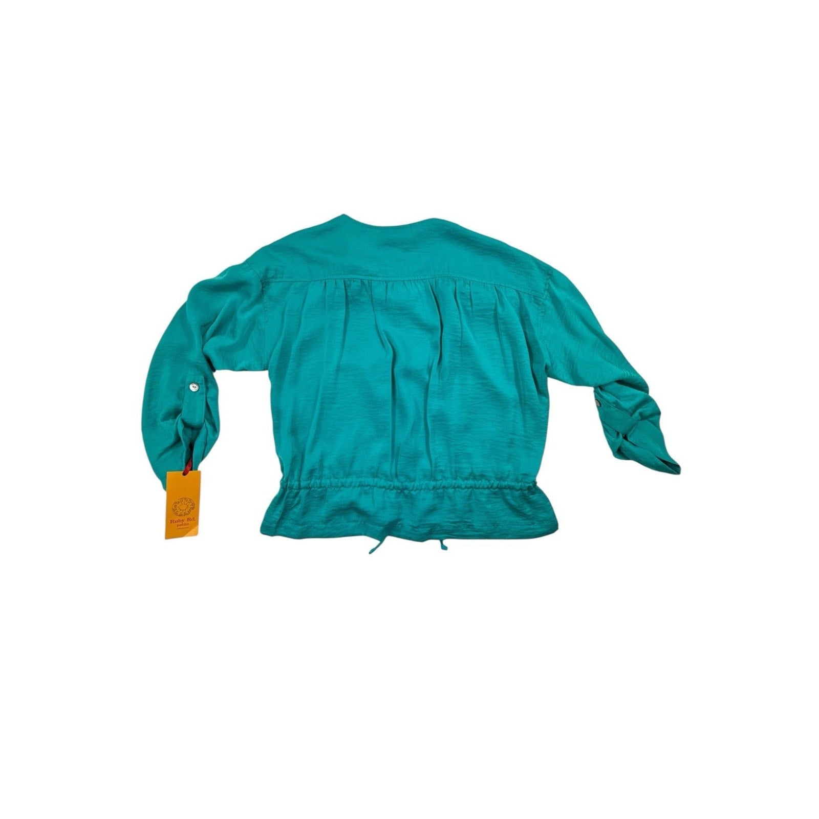 Ruby Rd. Petite Turquoise Full Zip Drawstring Waist Roll Tab Blouse Jacket
