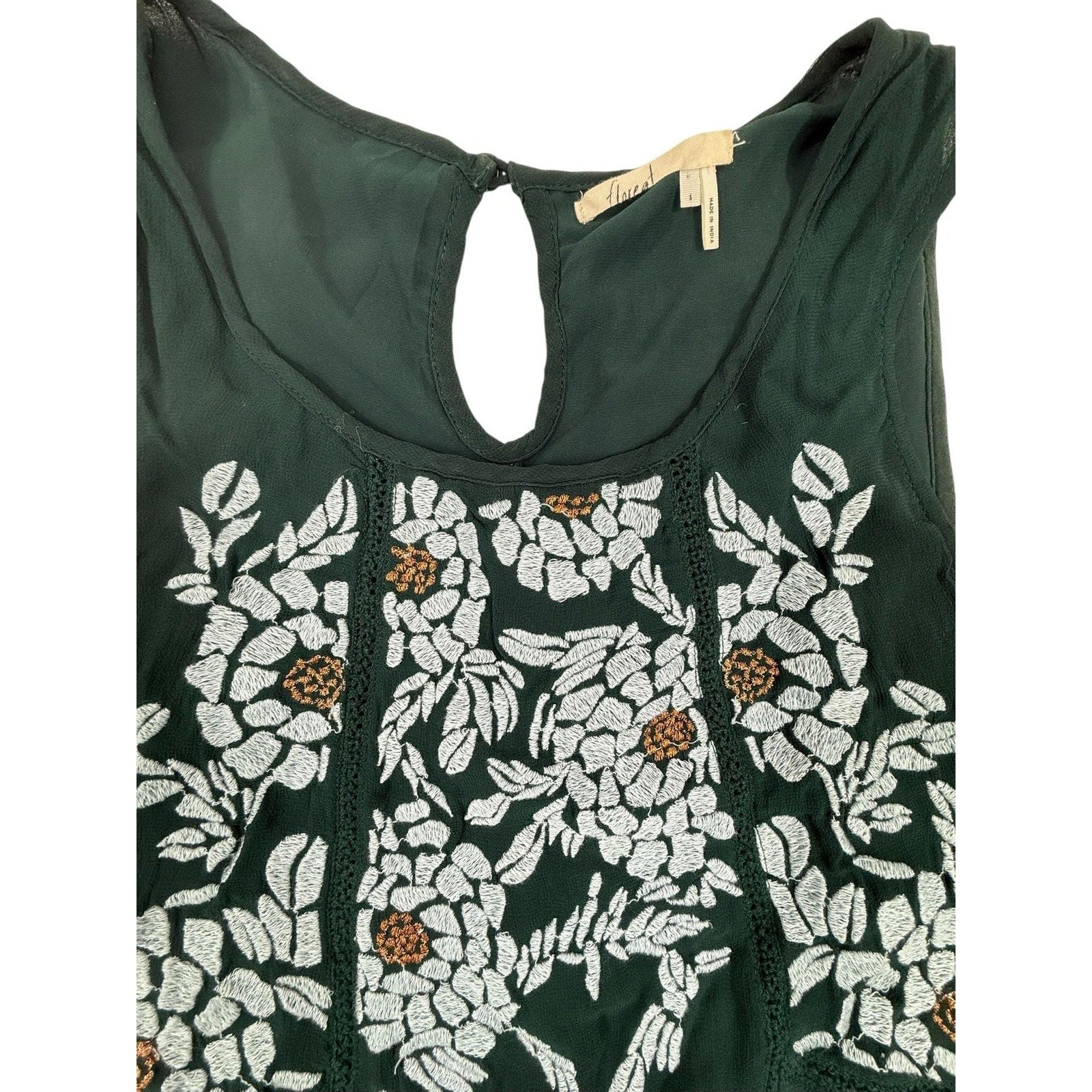 Floreat Anthropologie Roselle Dark Green Embroidered Babydoll Tank Top size S