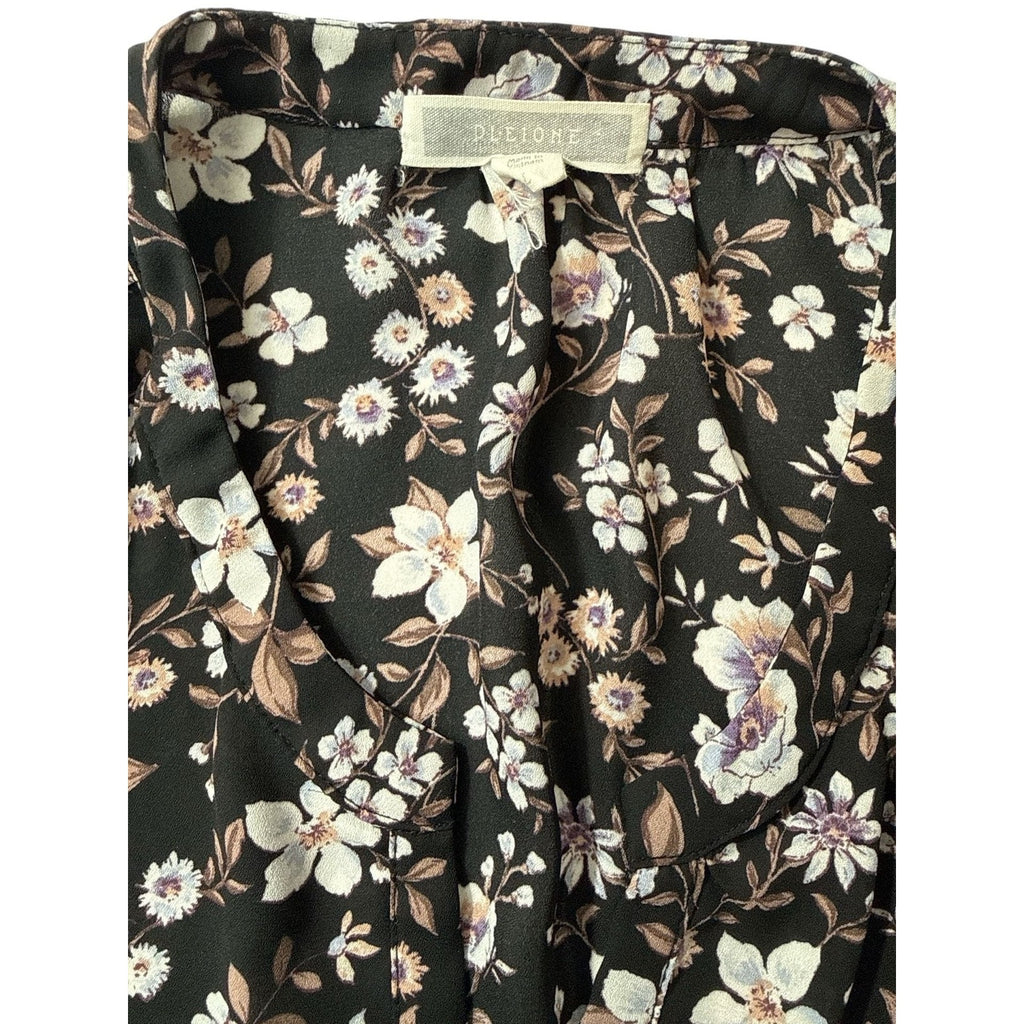Pleione Women's Large Black Floral Short Sleeve V-Neck Blouse Top L