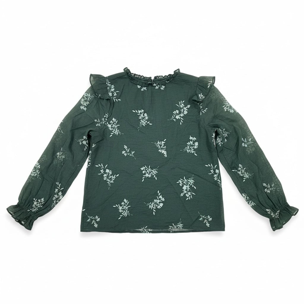 J.Crew Ruffle Collar Floral V-Neck Sheer Blouse in Emerald Green Size S