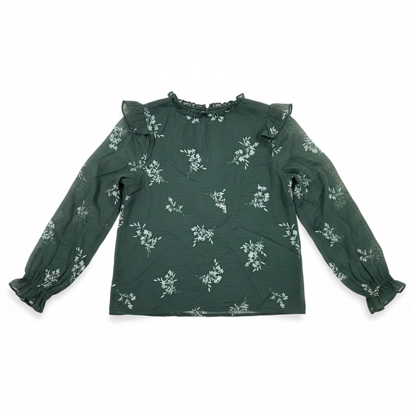 J.Crew Ruffle Collar Floral V-Neck Sheer Blouse in Emerald Green Size S
