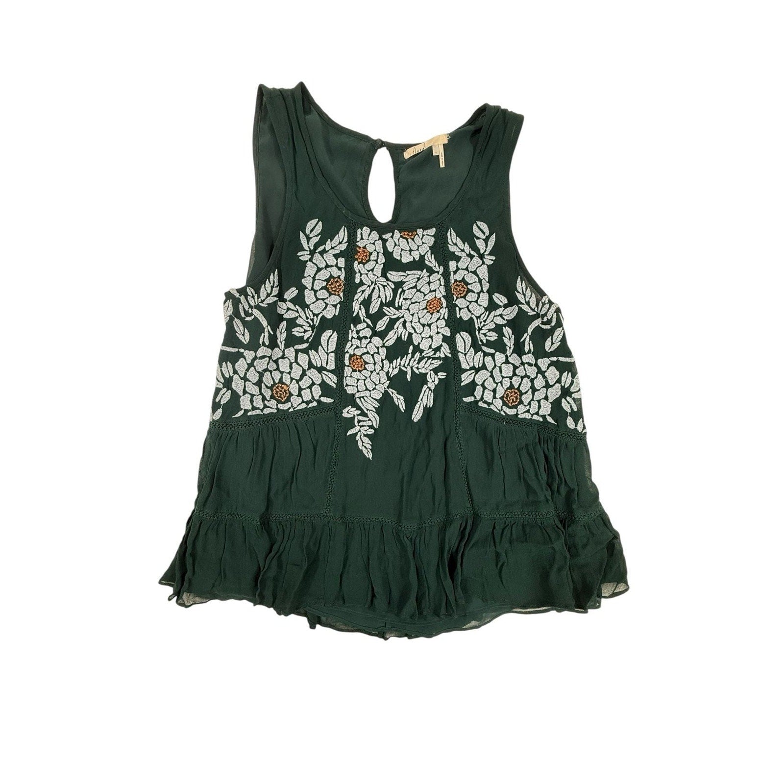 Floreat Anthropologie Roselle Dark Green Embroidered Babydoll Tank Top size S