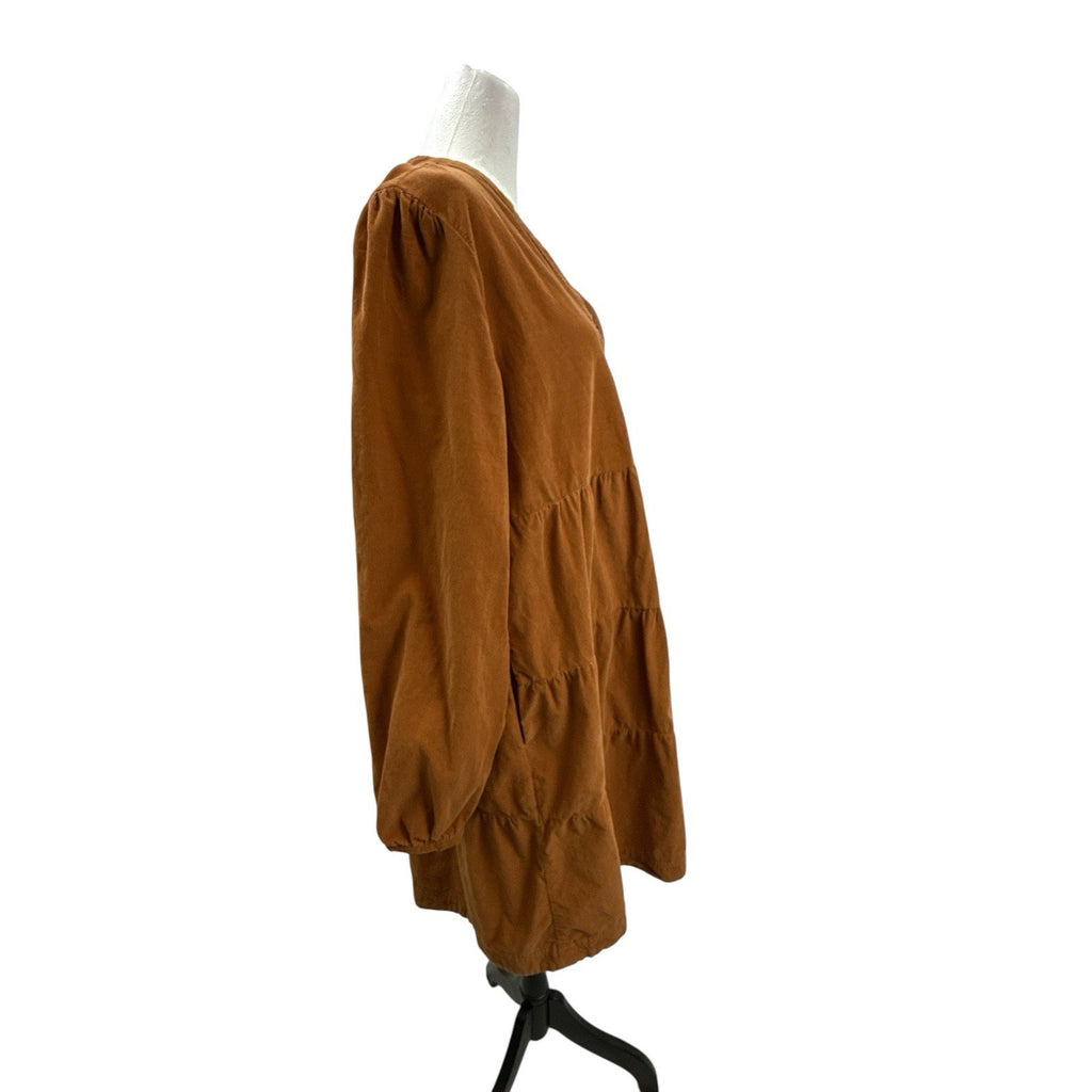 Lucky Brand Burnt Orange Brown Corduroy Long Sleeve Tiered Mini Dress Size L