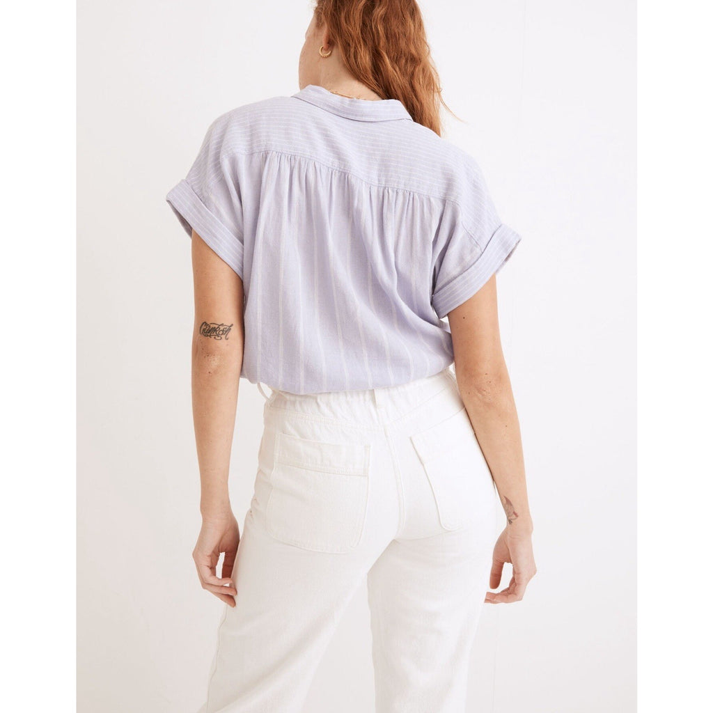 Madewell Linen-Blend Button-Up Drawstring Shirt in Stripe Distant Lavender S