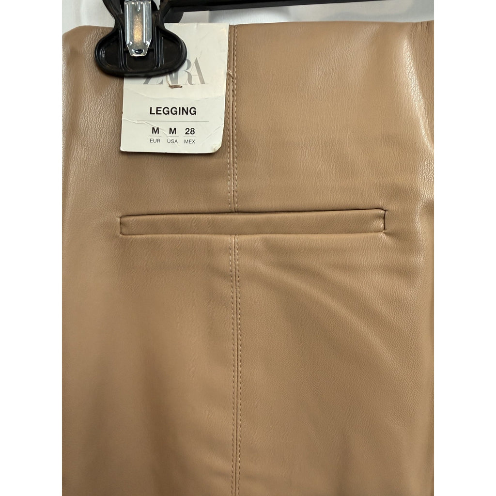 Womens Zara Camel Faux Leather Leggings Pants Size M 28