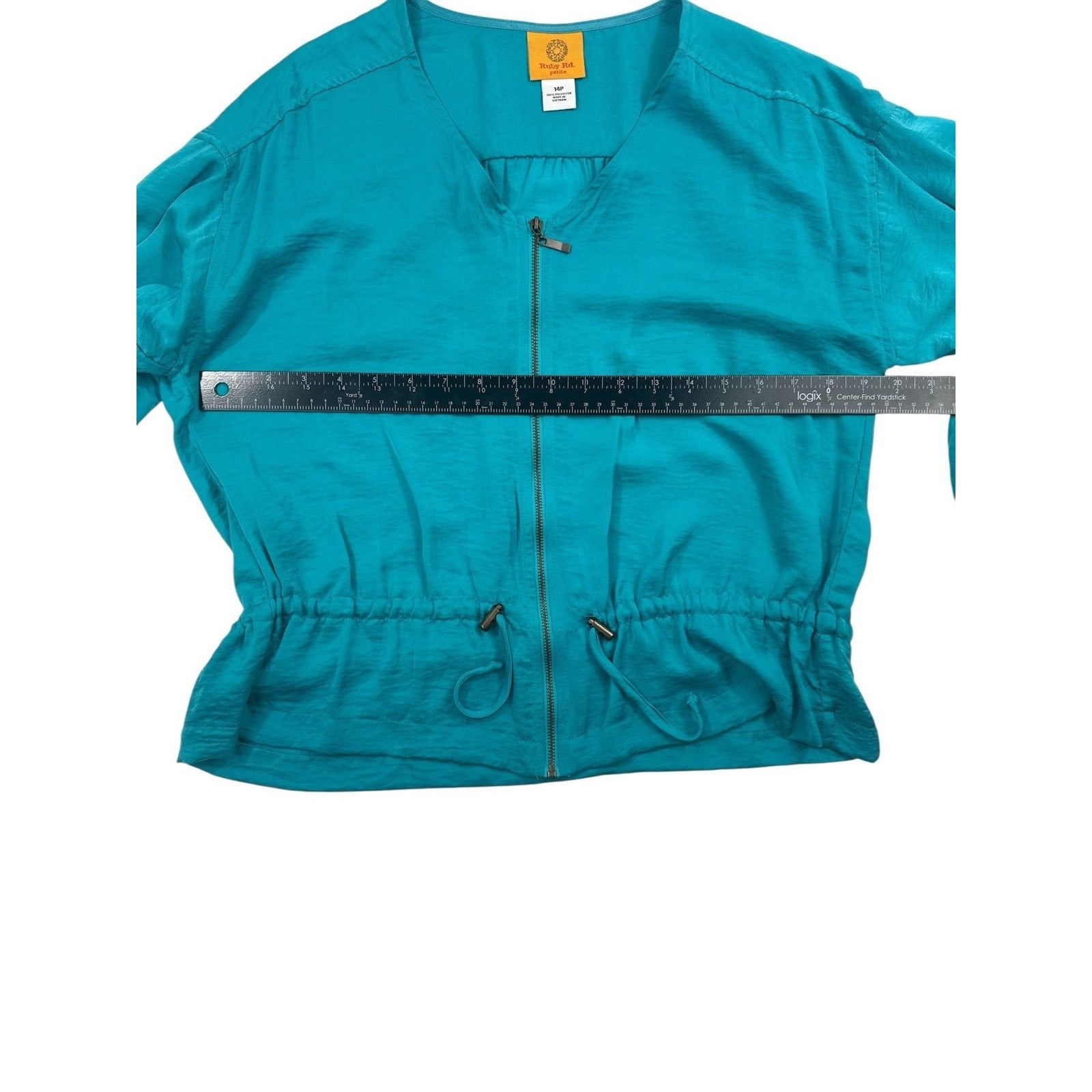 Ruby Rd. Petite Turquoise Full Zip Drawstring Waist Roll Tab Blouse Jacket