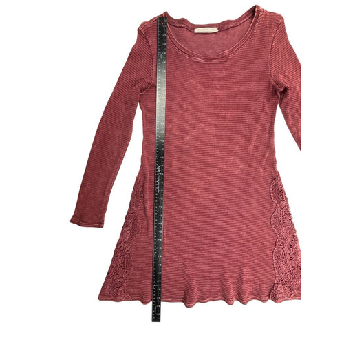 Able Boho Burgundy Waffle Knit Thermal Long Sleeve Dress with Crochet Lace Trim
