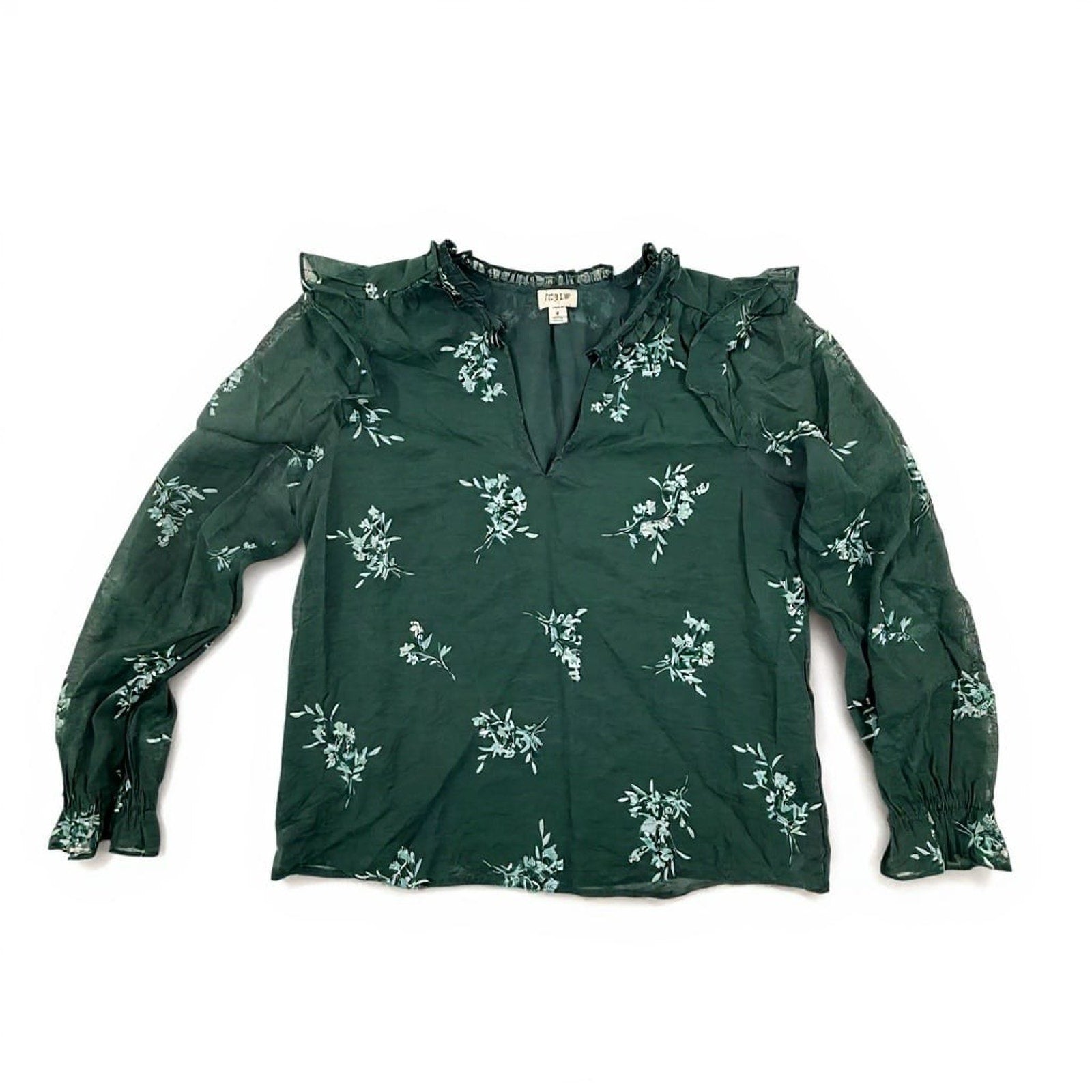 J.Crew Ruffle Collar Floral V-Neck Sheer Blouse in Emerald Green Size S