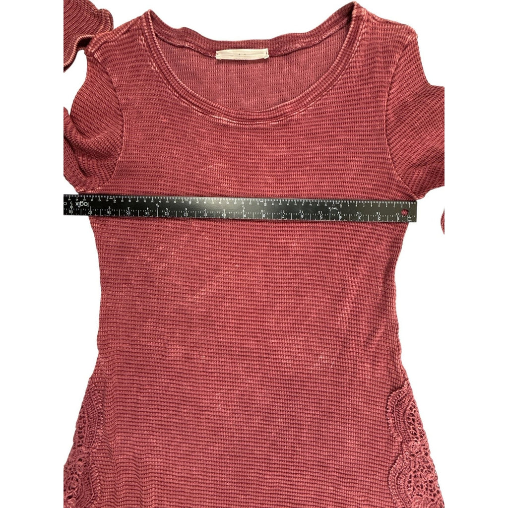 Able Boho Burgundy Waffle Knit Thermal Long Sleeve Dress with Crochet Lace Trim