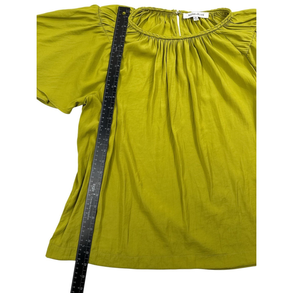 Rose + Olive Chartreuse Green Braided Trim Flutter Sleeve Blouse XL