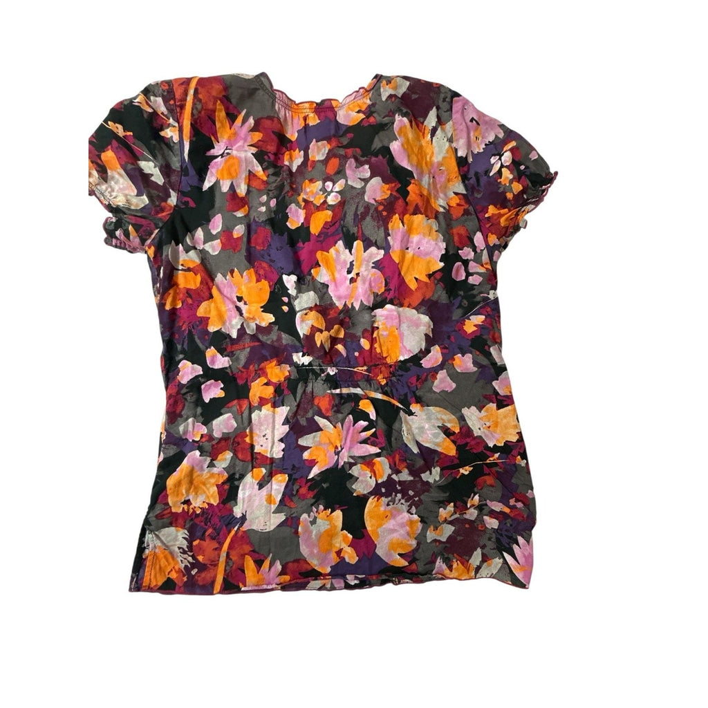 Koi by Kathy Peterson Floral Ruffle V-Neck Scrub Blouse Top Size Medium