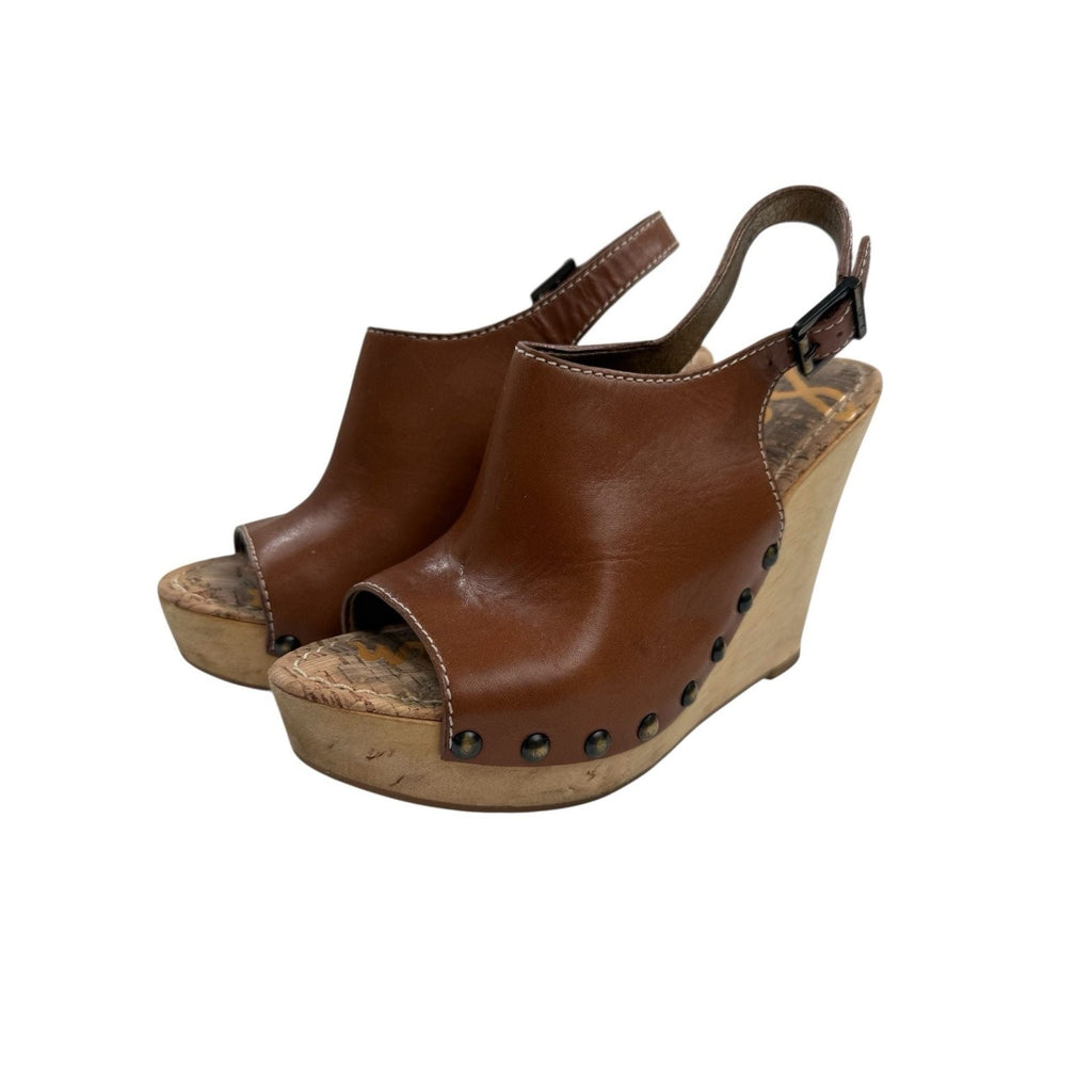Sam Edelman Camilla Brown Leather Wooden Platform Wedge Slingback Sandals 7.5