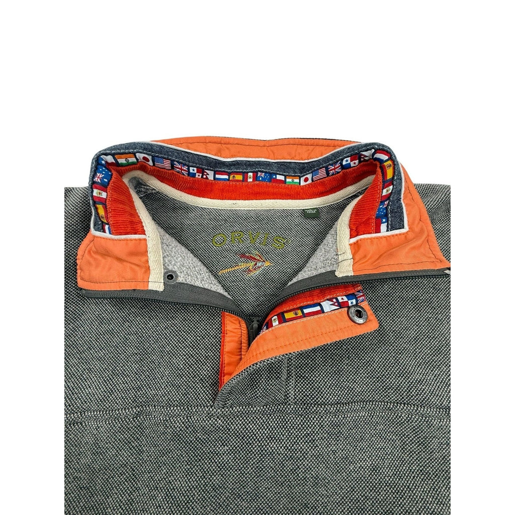 Orvis Men's Gray Waffle Knit 1/4 Zip Pullover with World Flags Collar size L