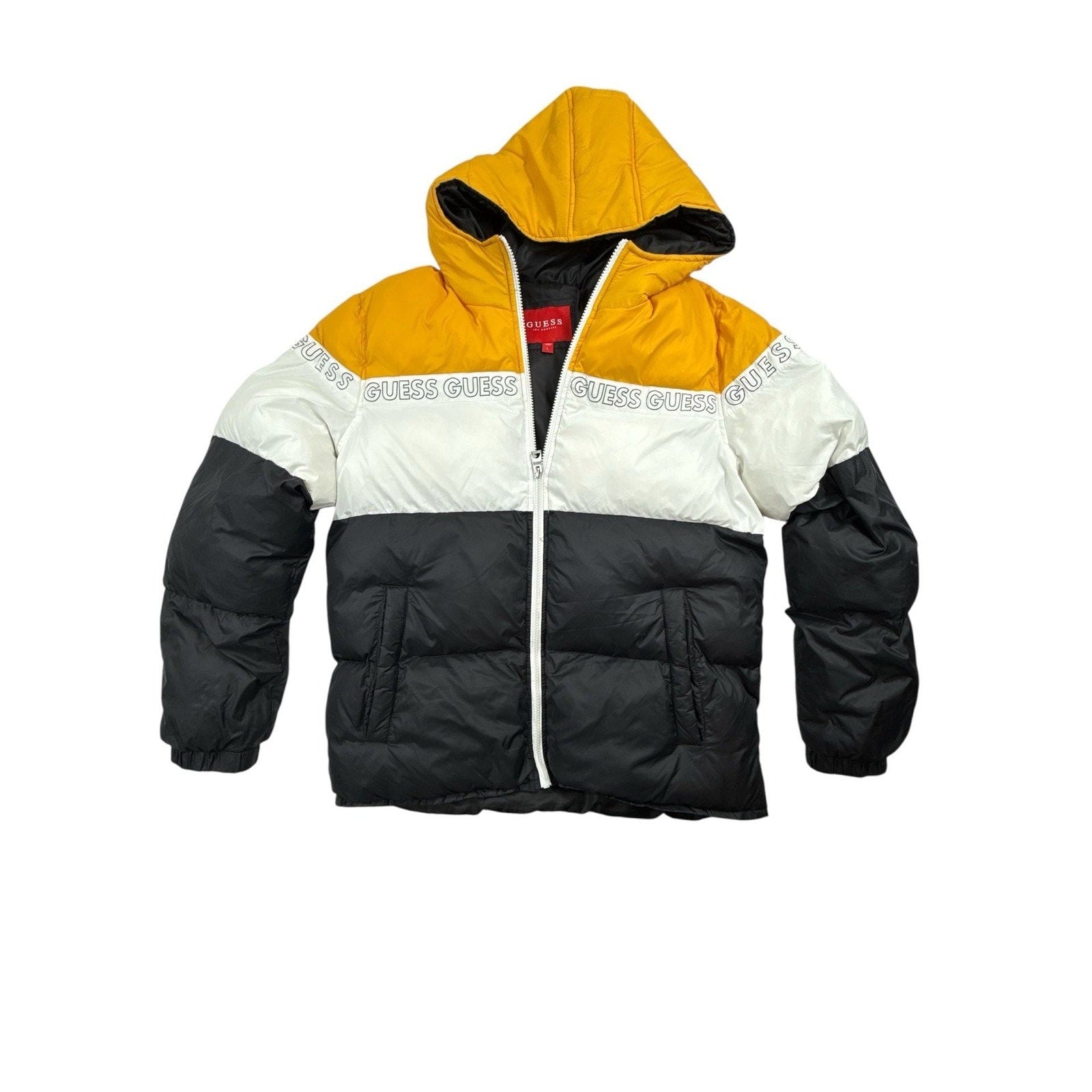 GUESS Men's Colorblock Spellout Logo Hooded Puffer Jacket size L