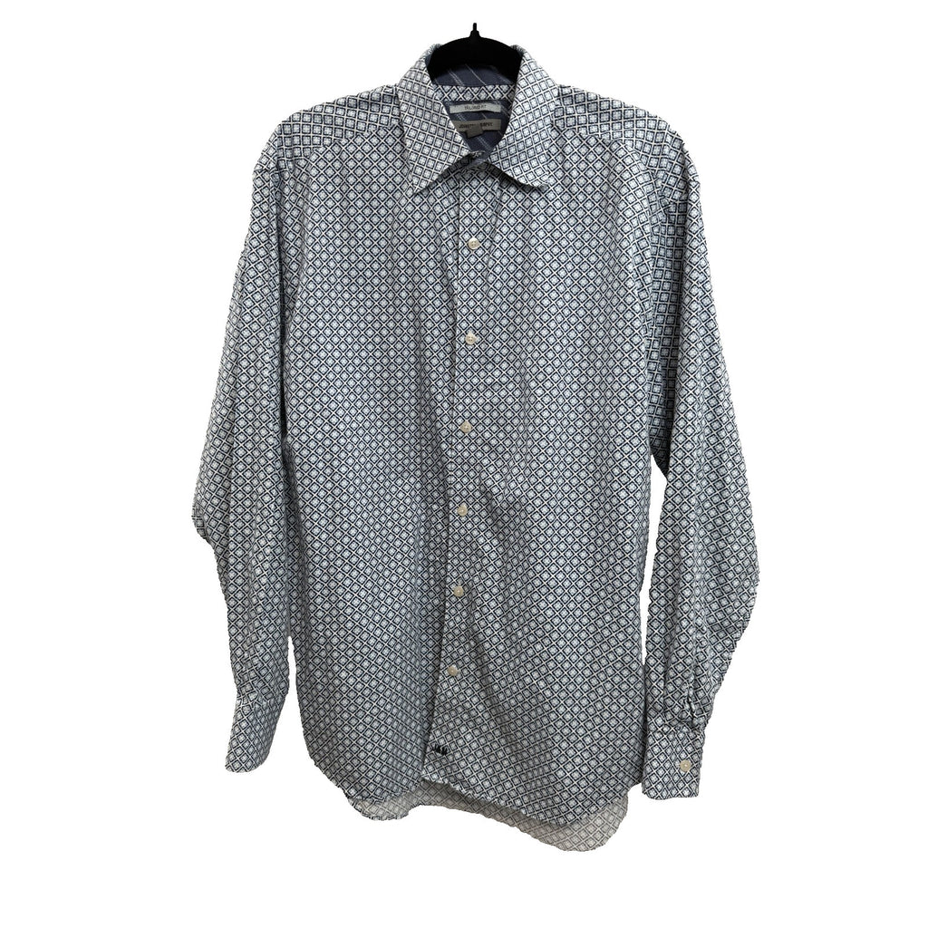 Johnston & Murphy Men Long Sleeve Tailored Fit Blue Geometric Shirt Size M