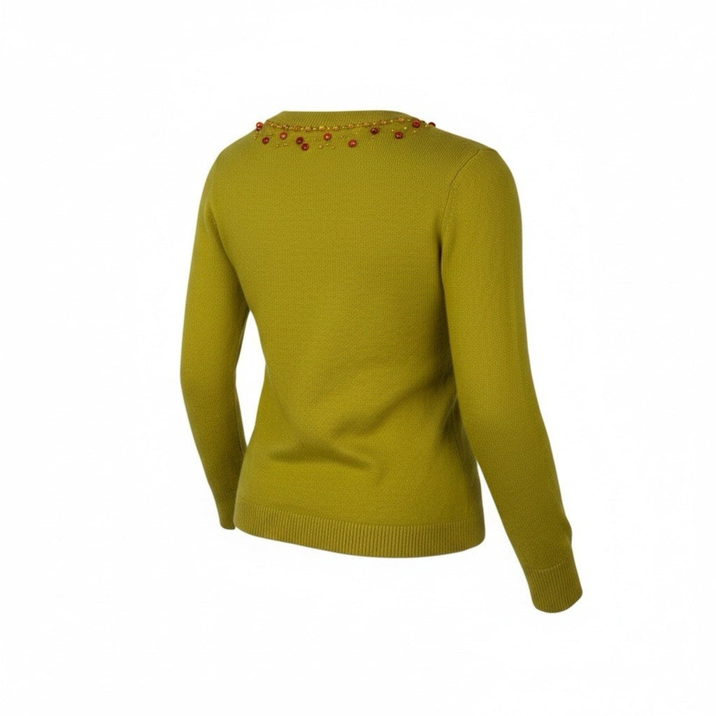 Kate Spade Cashmere Cardigan 3/4 Sleeve Jeweled Lime Green Yellow Size XS